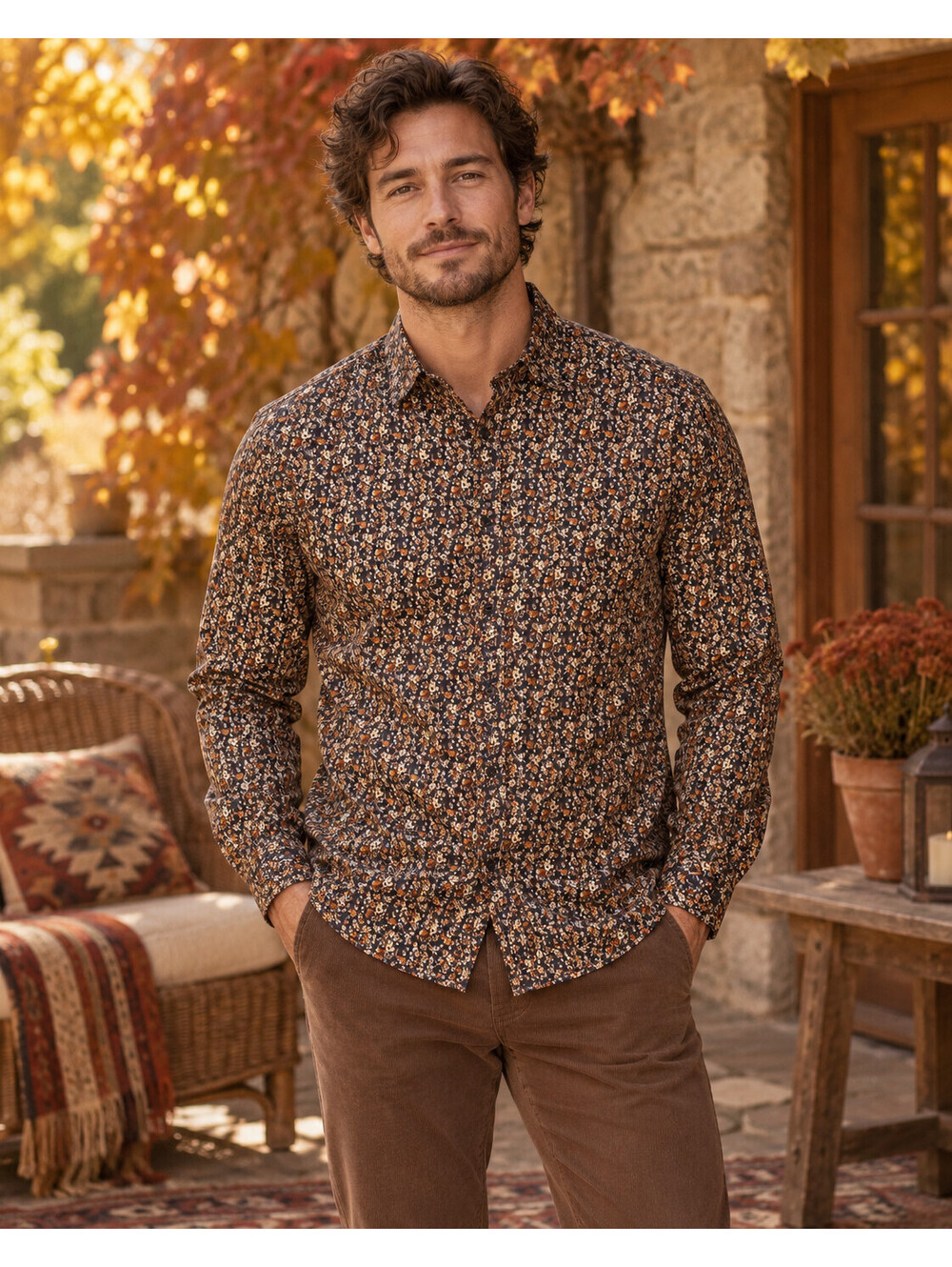 Express Modern Tech 1MX Dress Shirt Mens L Brown Floral Slim Stretch Retro Boho